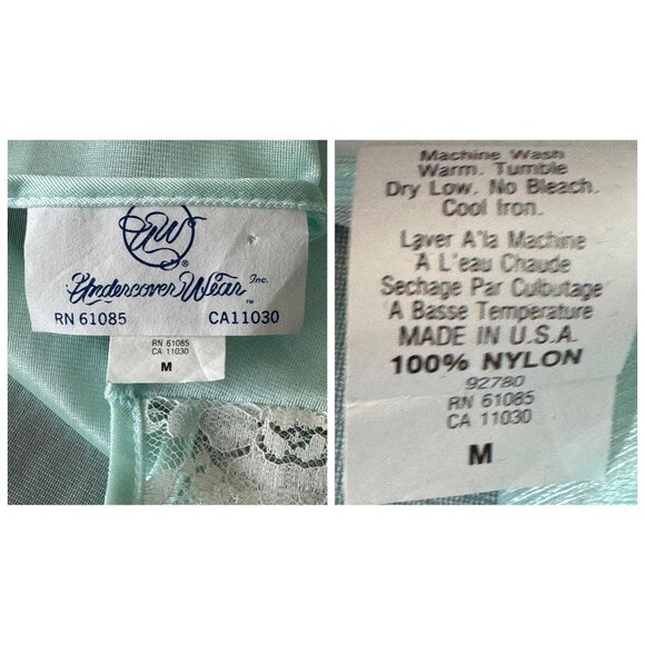 Vintage 80s pyjama, mint green, wide white lace details, long sleeves, tie belt - Picture 9 of 10